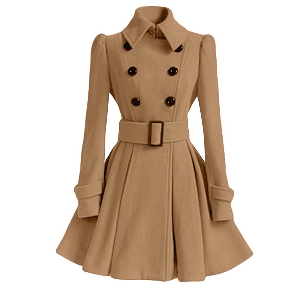 Khaki Pea Coat Wool Blend Trench Jacket with Belt